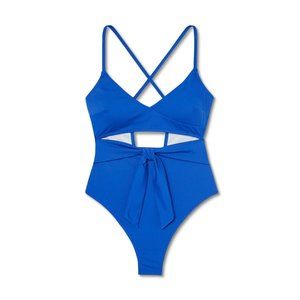 Cut Out Tie Belted Ribbed One Piece Swimsuit - M